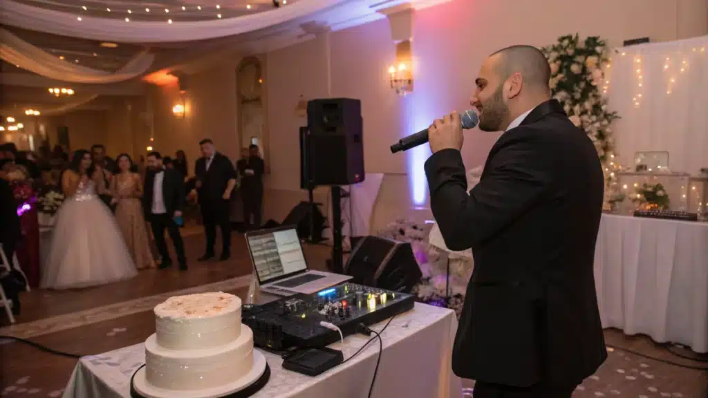 Un DJ au micro, guidant les invités pendant le toast ou l’arrivée du gâteau.